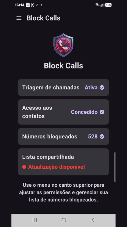 Tela inicial do Block Calls com o total de números bloqueados