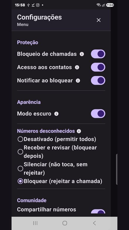 Tela de configurações do Block Calls com os modos de tratamento de chamadas